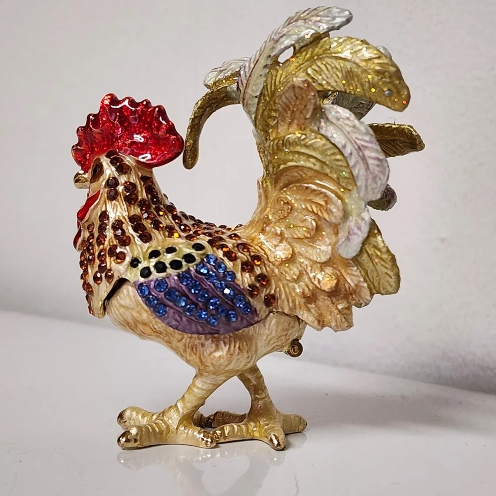 Vintage Trinket Box Rooster Jeweled Rhinestone Enameled Magnetic Close Funky